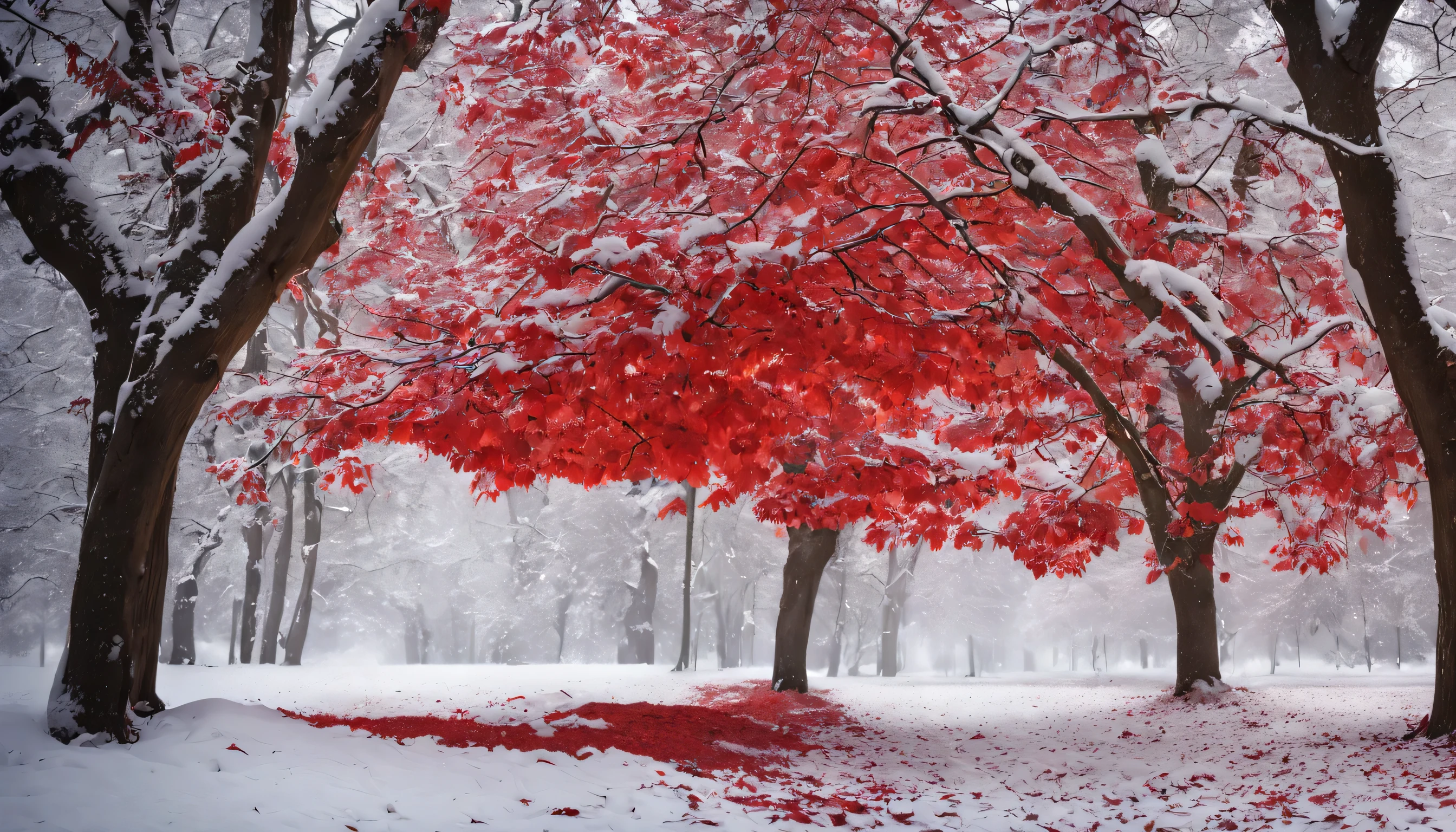 trees with red leaves on them in a snowy park, with snow covered colourful red, red leaves on the ground, red and white colors, magical leafs falling, autumn season, red trees, beautiful wallpaper, red and white color theme, glimpse of red, snow fall, dusting of snow, light snow, light snowfall, red leaves, snowing