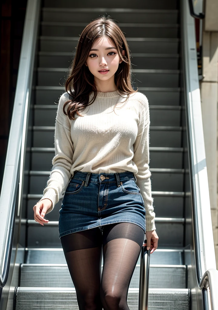 8K, Masterpiece, Raw Photo, Highest Quality, Photorealistic, High Definition CG Unity 8K Wallpaper, Depth of Field, Cinematic Light, Lens Flare, Ray Tracing, (Extremely Beautiful Face, Beautiful Lips), Beautiful Eyes) , face with intricate details, ((super detailed skin)) 1 girl, smiling, dark back, dark shadows, wearing a knit shirt, denim micro miniskirt, pantyhose (realistic), long brown hair, ( Black eyes 1.1), realistic face, riding an escalator, cowboy shot, defenseless lower body, dramatic lighting, design: Kana Nishino