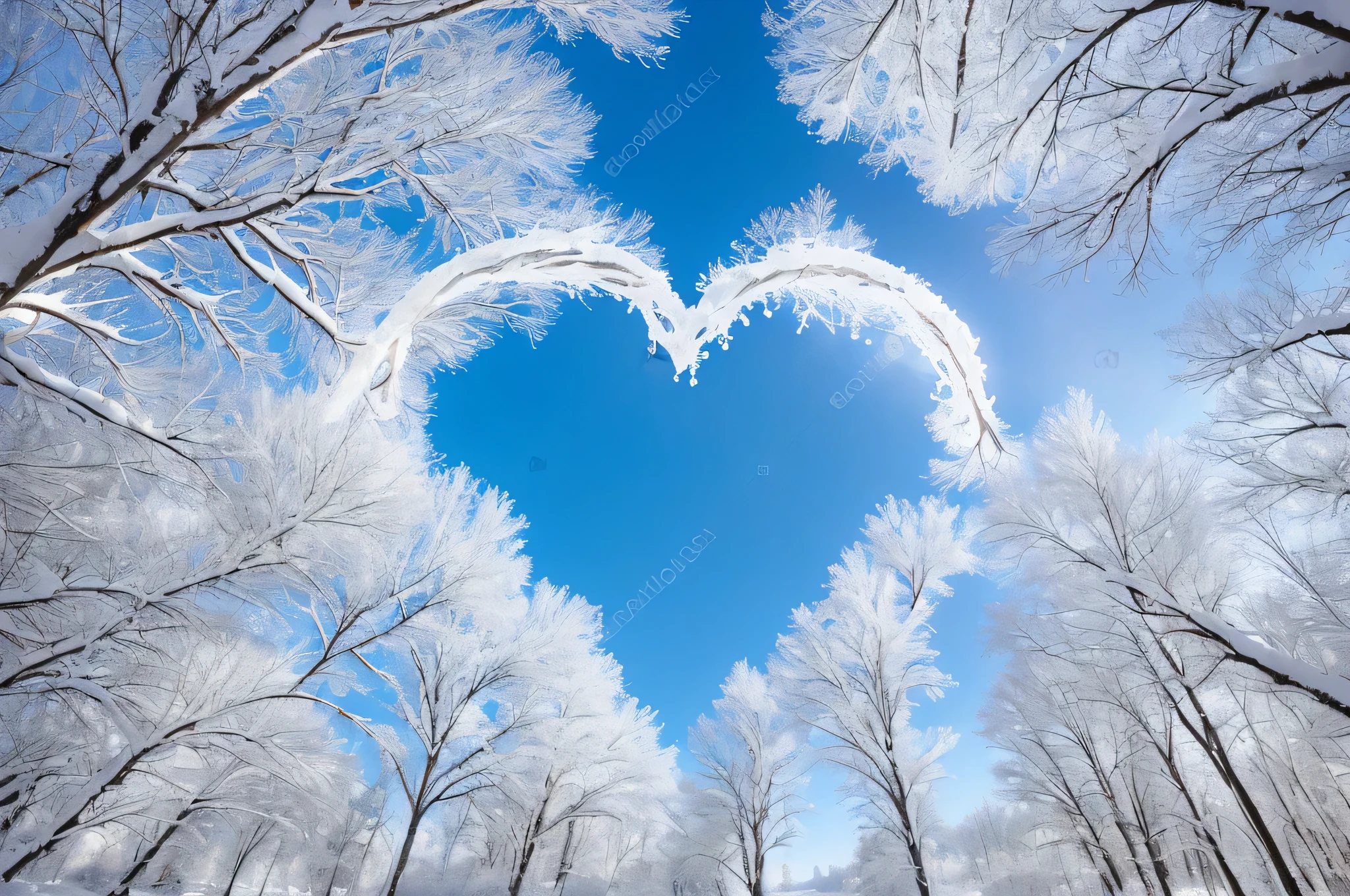 arafed heart shaped snow covered trees in a snowy forest, heart, sunny winter day, nice composition, february), winter forest, beautiful composition, winter photograph, frost on the canvas, magic heart, double exposure of love, winter, fotografia, romantic!!!, beautiful winter area, u, winter setting, winter atmosphere, i love you, beautiful high resolution