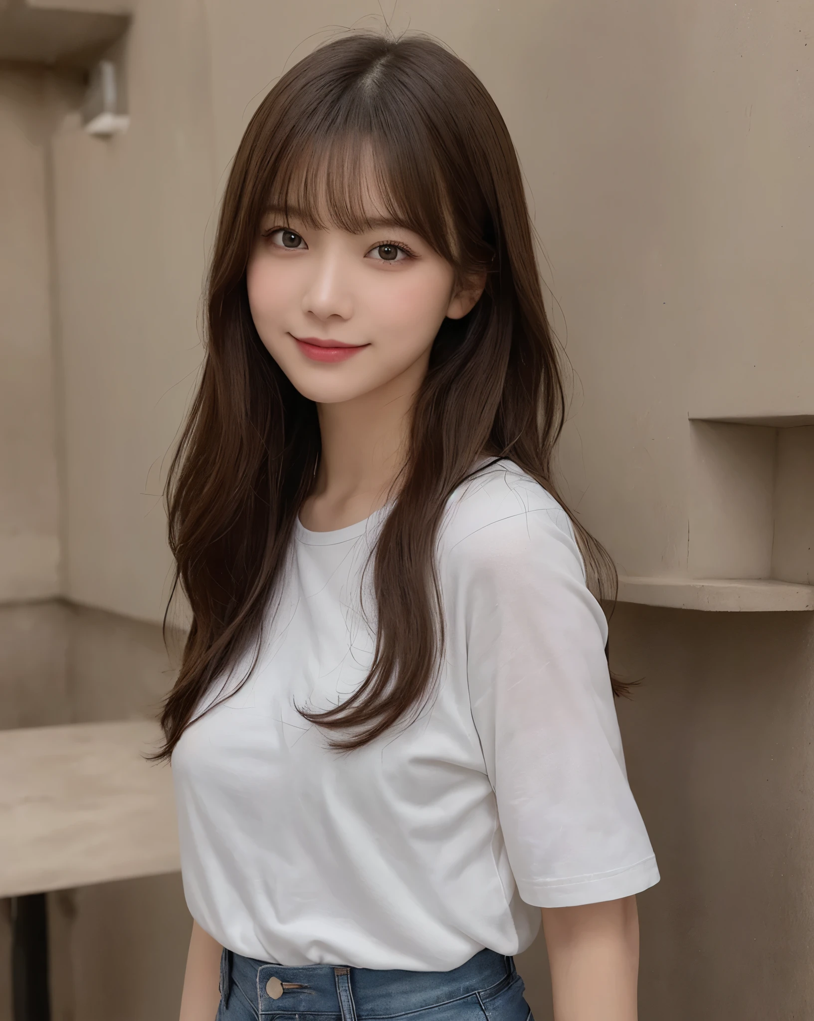 masutepiece, Best Quality, Illustration, Ultra-detailed, finely detail, hight resolution, 8K Wallpaper, Perfect dynamic composition, Beautiful detailed eyes,Medium Hair, Natural Color Lip, Smile, 20 years girl, studio, cafe, white tee with jeans
