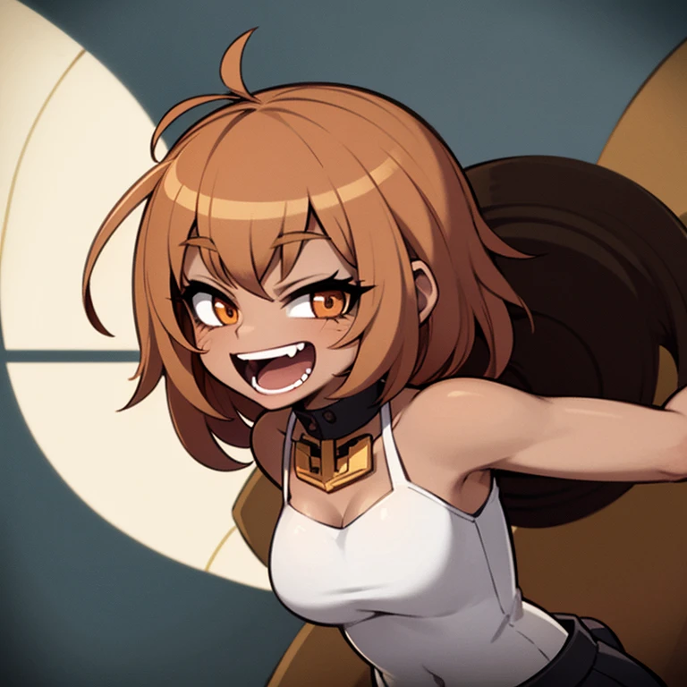 Anime image of a girl with short brown hair, very tanned and brown skin, she is wearing a very tight schoolgirl uniform and her arms are wrapped in bandages, she is laughing sadistically 