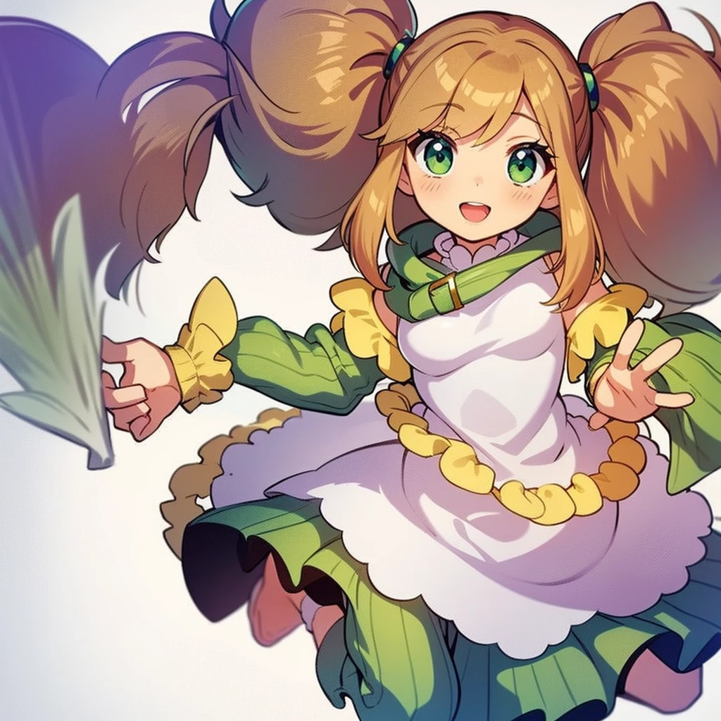 solo female, (((blurry background, white background))), character focus, fantasy clothes, standing, character design, peddler,,
green/brown/violet outfit,