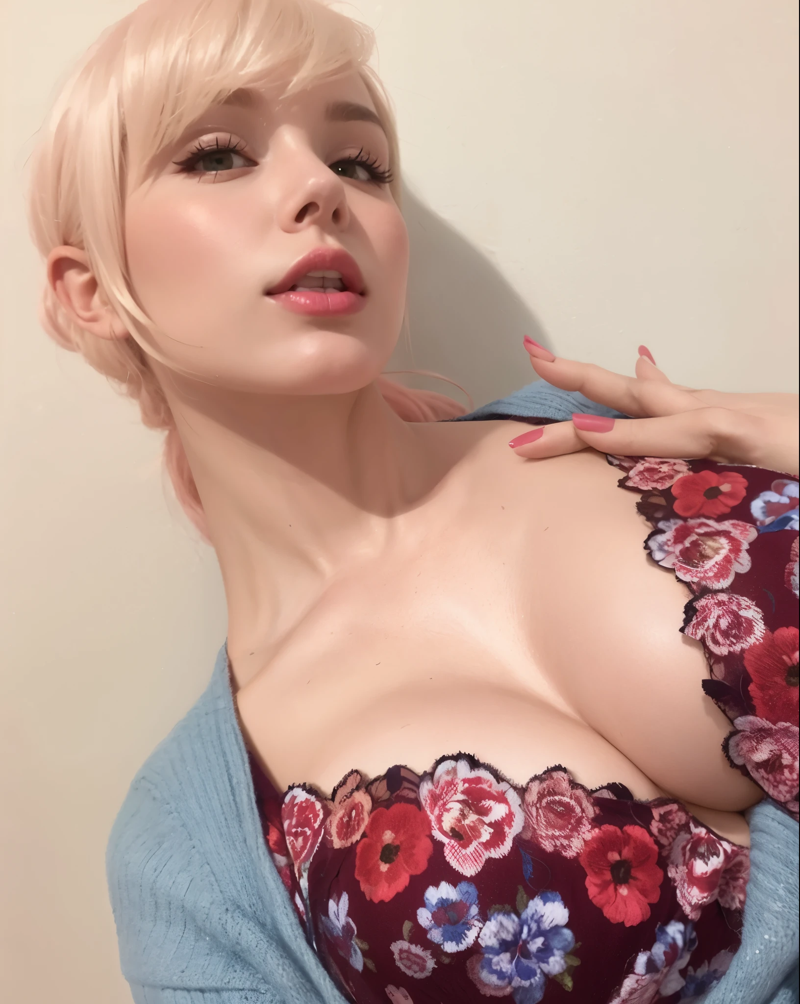 blond woman with pink hair and blue sweater posing for a picture, amouranth, better known as amouranth, young beautiful amouranth, amouranth as a super villain, lacey, pale fair skin!!, cleavage, alexa grace, busty, anna nikonova aka newmilky, sie boob, with pale skin, 3/4 bust
