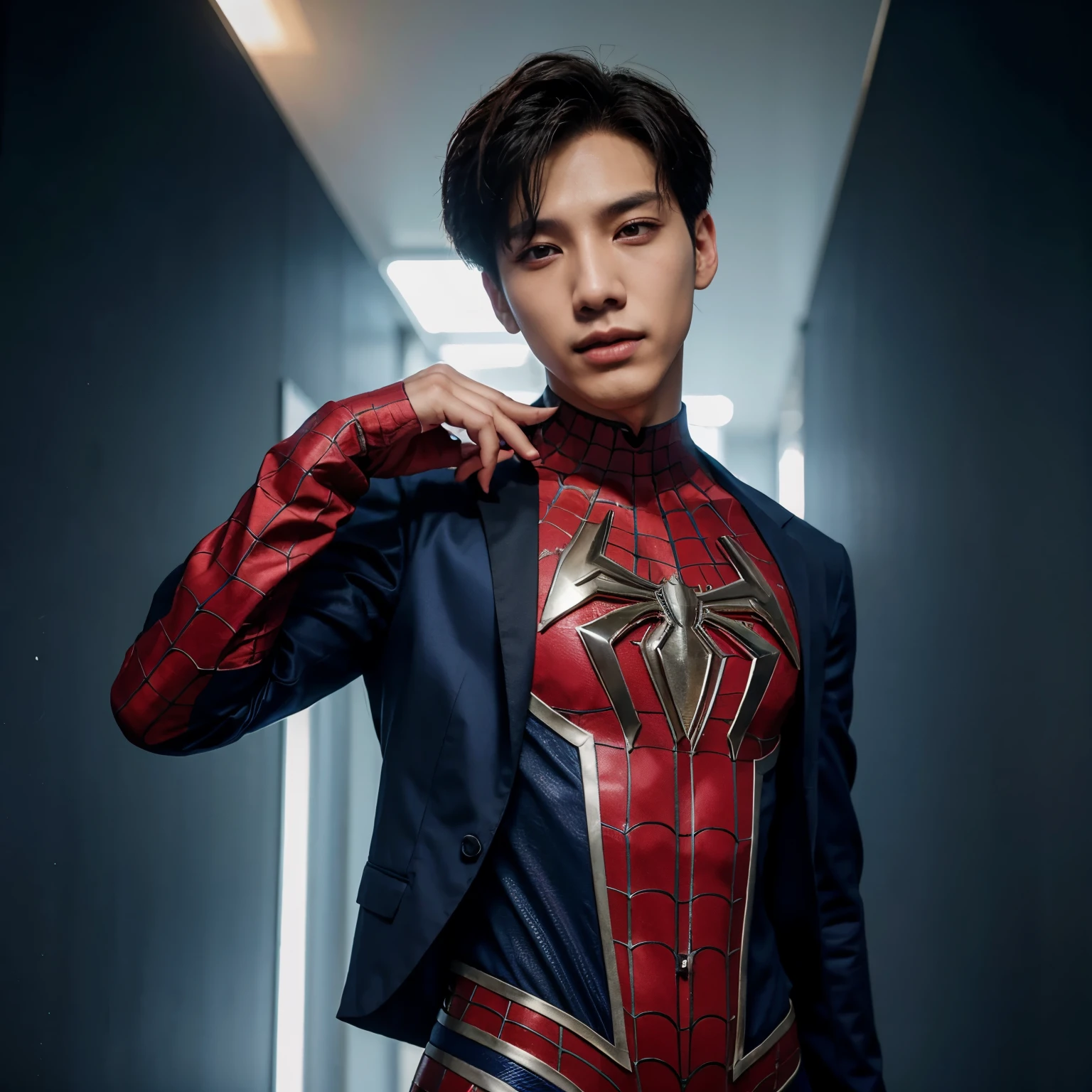 So JeongHwan from kpop group Treasure dressed as Spiderman without the mask