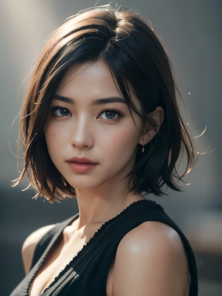 (Representative Works: 1.3), (8k, photorealistic, raw photos, Highest image quality: 1.4), (30 years old mature woman),small face, beautiful face, (realistic face),no makeup、natural makeup、light makeup、 (Dark brown, short hair: 1.3), beautiful hairstyle, realistic eyes, beautiful detailed eyes, (Photorealistic skin), beautiful skin, (sweater),small chest、Bust B Cup、 disorganized, Charm, 超High definition, Super realistic, High definition, golden ratio, FF Tifa、Gray background、