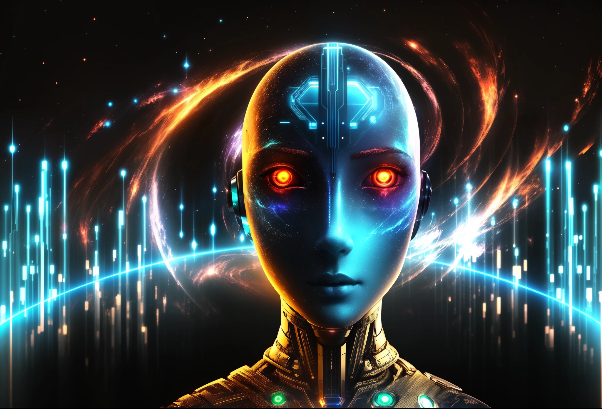 arafed image of a man with glowing eyes and a glowing body, cyborg goddess in cosmos, artificial intelligence god, an image of a beautiful cyborg, the coming ai singularity, artificial intelligence gods, portrait of female humanoid, the encrypted metaverse, portrait of a humanoid alien, complex cybernetic beings, portrait of female android, detailed cosmic angelic robot