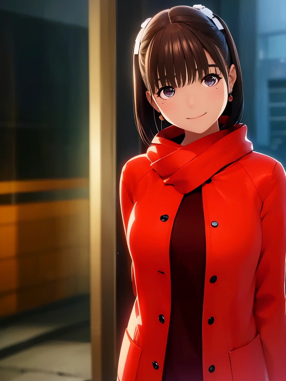 High resolution,8K,best quality,detailed,semi-realistic anime,Anime 3D Style,Smooth Anime CG,1peopleの女の子,20 year old Japanese woman,slim,model,shiny chestnut hair,medium hair,detailedに書かれた顔,綺麗でdetailedな瞳,glowing skin,(red coat,Layering,winterの服),beautiful earrings,winter,cold morning in january,(street:0.8), (people, large crowd:1),hard focus particles,soft lighting,look at the audience,A sloppy smile