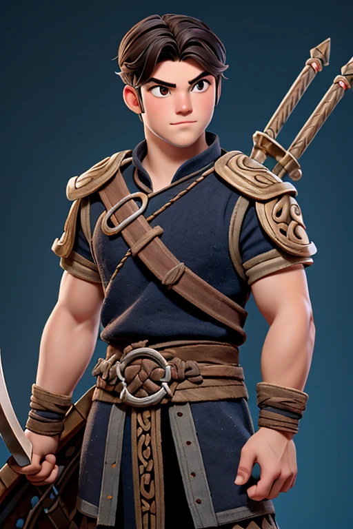 Joven, vikingo, cultura vikinga, con arcos en las manos, adiestramiento, Estilo Juego de Tronos, medieval, Pelo corto con flequillo, machista, male, (((joven))).