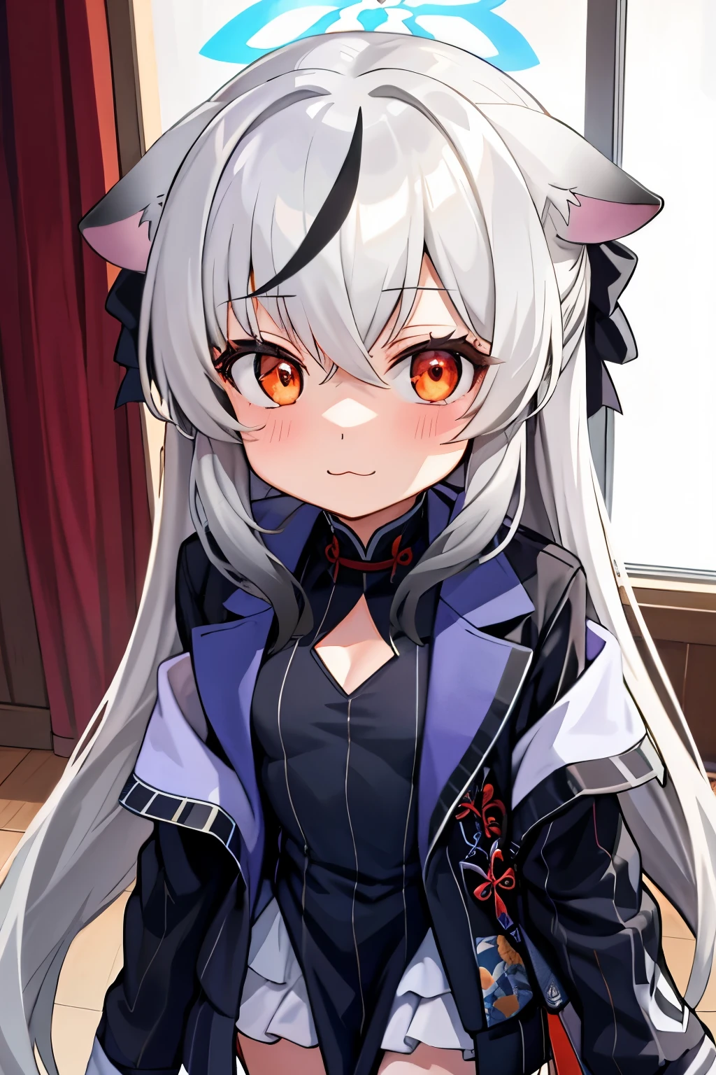 tmasterpiece, best qualtiy, ultra - detailed, 1girll,Gray hair Kokona, inside in room, Orange eye, :3,the face, closeup cleavage, Winter suit, winter wonder