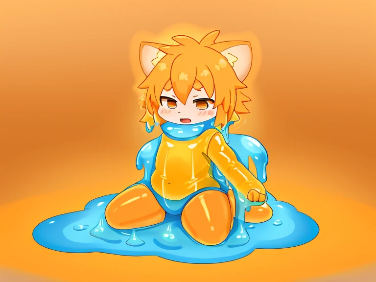A male light orange cub,被slime覆盖,slime,light orange cuollars,被slime覆盖,fall((充满银色slime)),kneeling,防护服