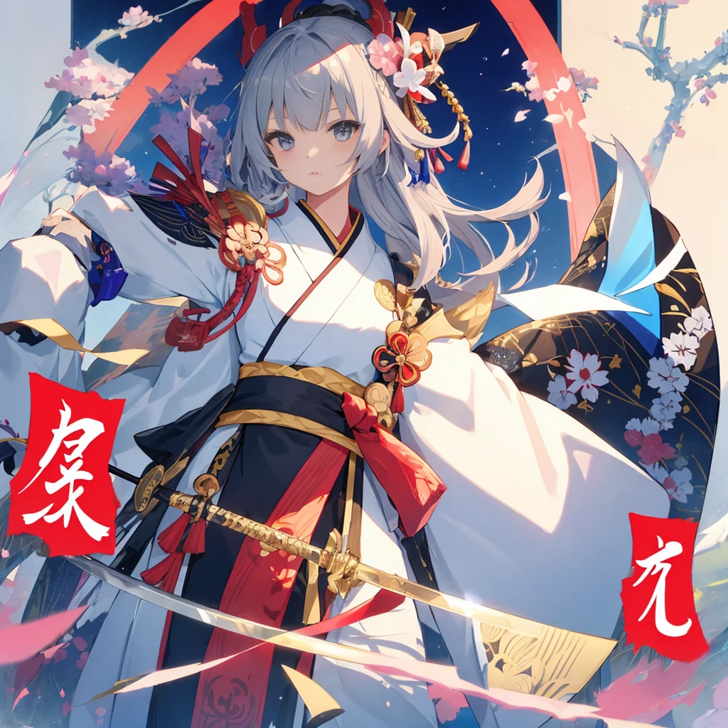 1 girl、solo、Onmyoji、bust、Gaze averting、gray hair、kimono、scroll、(arms、sword、armsを持つ)、With an expanse like an ink painting、future、bill、