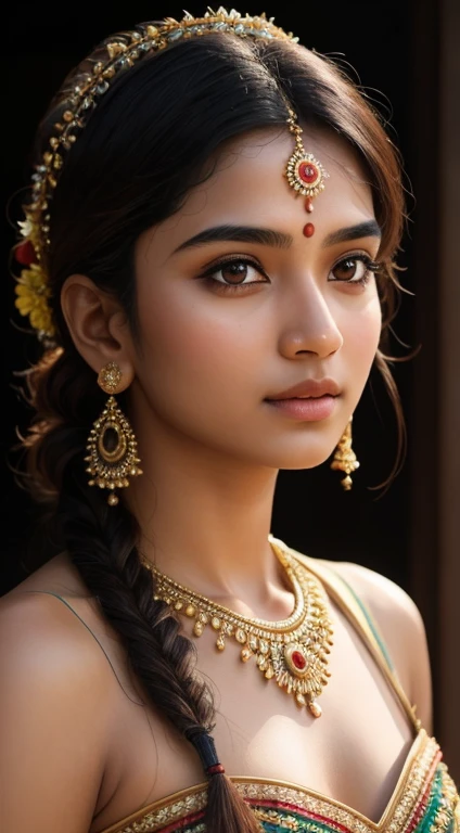 young Indian girl, 18-year-old, old looking top, 100 AD style dress, gentle lighting, intricate facial details, flawless complexion,full body picture, top-notch 3D rendering, hyper-realistic,  photorealistic digital art trending on Artstation 8k HD high definition detailed realistic, detailed, skin texture, hyper detailed, realistic skin texture, armature, best quality, ultra high res, (photorealistic:1.4),, high resolution, detailed, raw photo, 400 camera f1.6 lens rich colors hyper realistic lifelike texture dramatic lighting