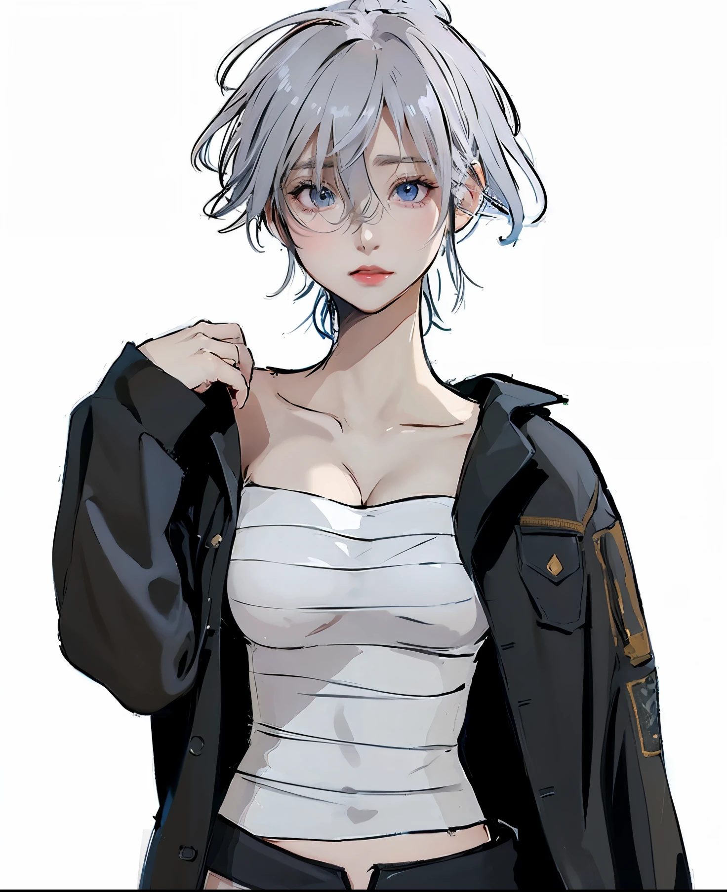 a woman in a white top and black jacket posing, tall blue eyed anime girl, as an anime character, anime full body illustration, anime character, female anime character, kawaragi senju, full body single character, silver eyes full body, anime style character, portrait the whole body is short!