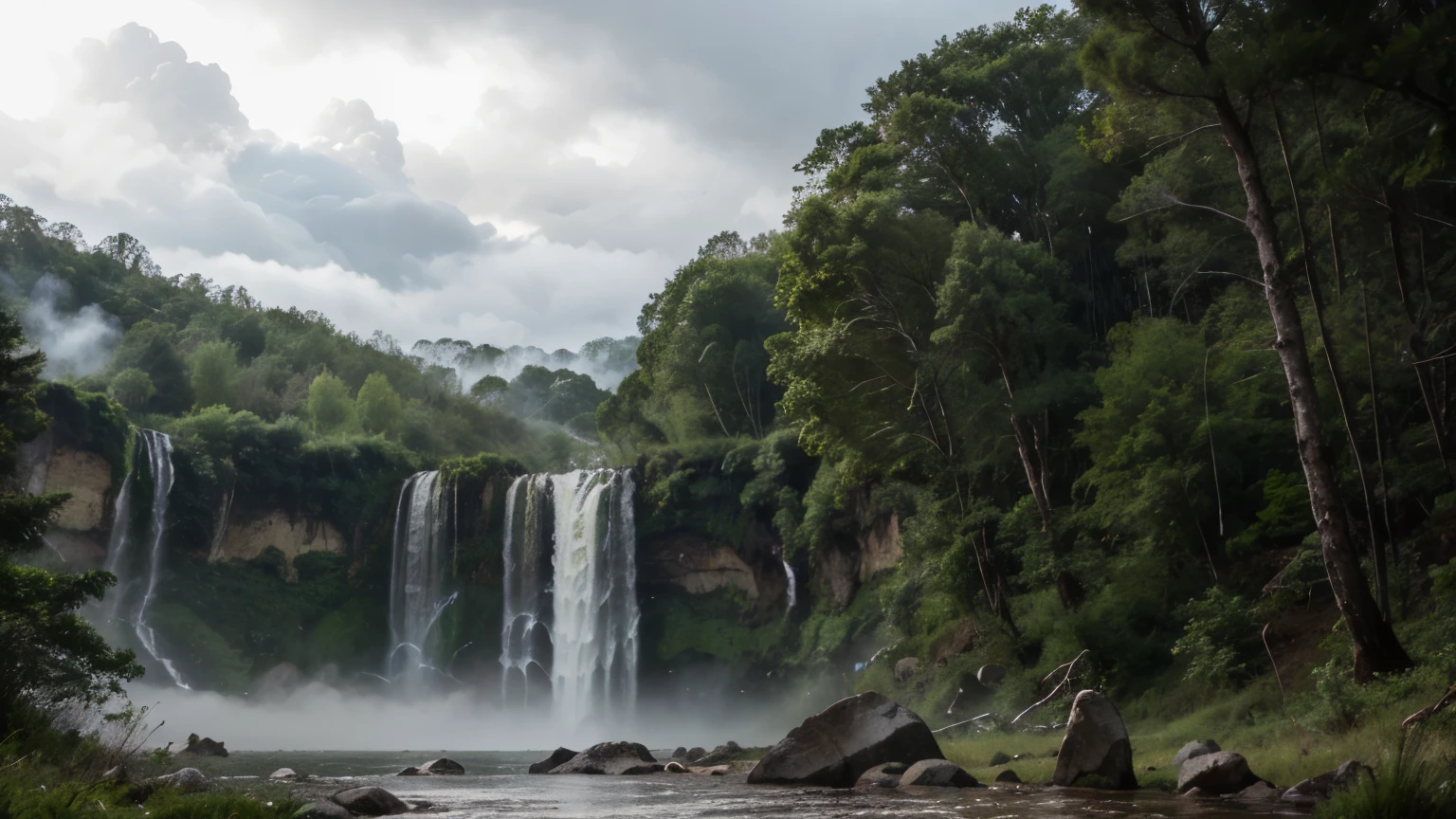 a big waterfall and heavy rain in the forest with fog, Overcast sky with lightning and thunder