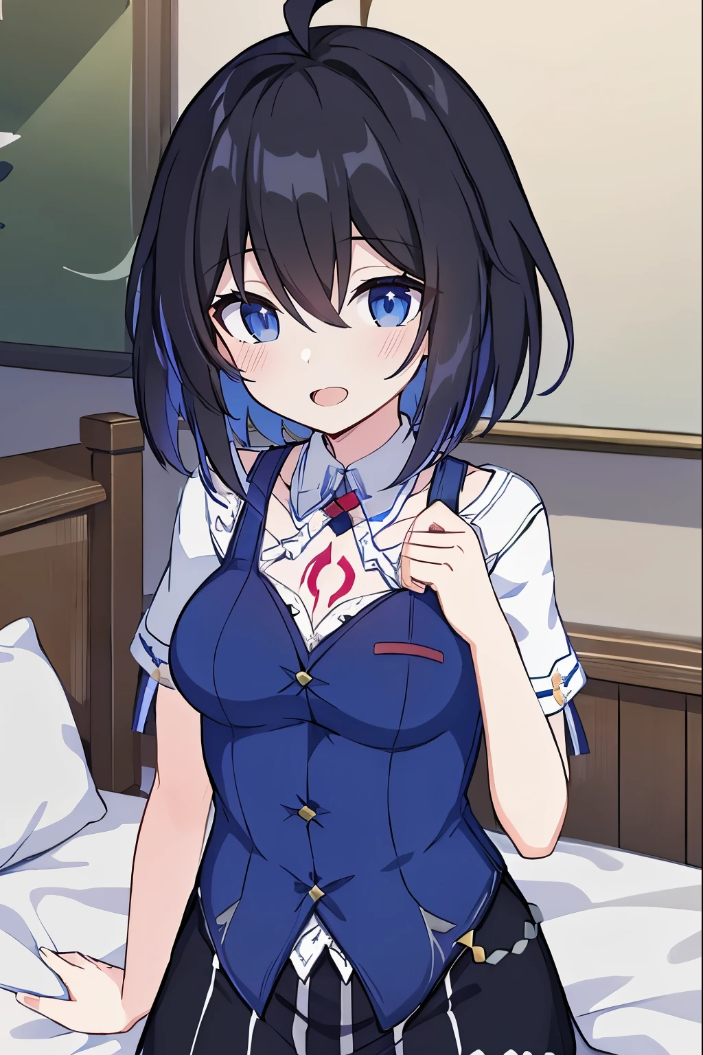 1 girl, best quality, ultra high res, ahoge, Seele Vollerei, medium breast, smile, small body, open mouth, azure clothes, short sleeves, bedroom, white bed sheets, pov, chest  tattoo, upper body, looking at viewers, looking you, blue eyes, black hair, blue hair, perfect detailed, 