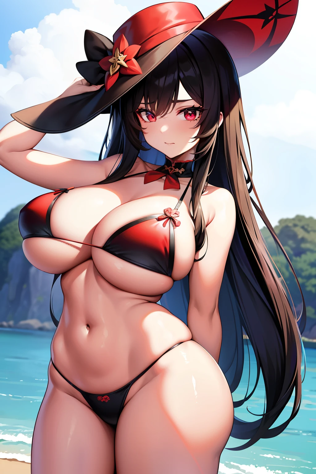2d, tmasterpiece, best qualtiy, anime big breast, highly detailed eye, Highly detailed face, highly detailed back ground, perfect litthing, cowboy lens, 1girll, 独奏, standing on your feet, beachside,Bikini style,huge boob,hu tao\(genshin impact\), pupils in symbol shapes, flower shaped pupils, Hats, red flower, red eyes, SakuraNS,
