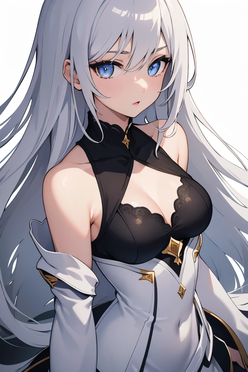 1girl, anime, cute girl, blank background, white background, fantasy, detailed dark fantasy dress with highlights, beautiful face, beautiful eyes, dark colors, silver hair, slightly small breasts, slight cleavage, beautiful skin, cute, breast curtains, extremely delicate and beautiful, (beautiful detailed face:1.0), (detailed deep eyes), symmetrical breasts, deep eyes, shiny skin, portrait, slender waist, hips wider than shoulders, thighs, young girl, expressionless, luminous eyes
