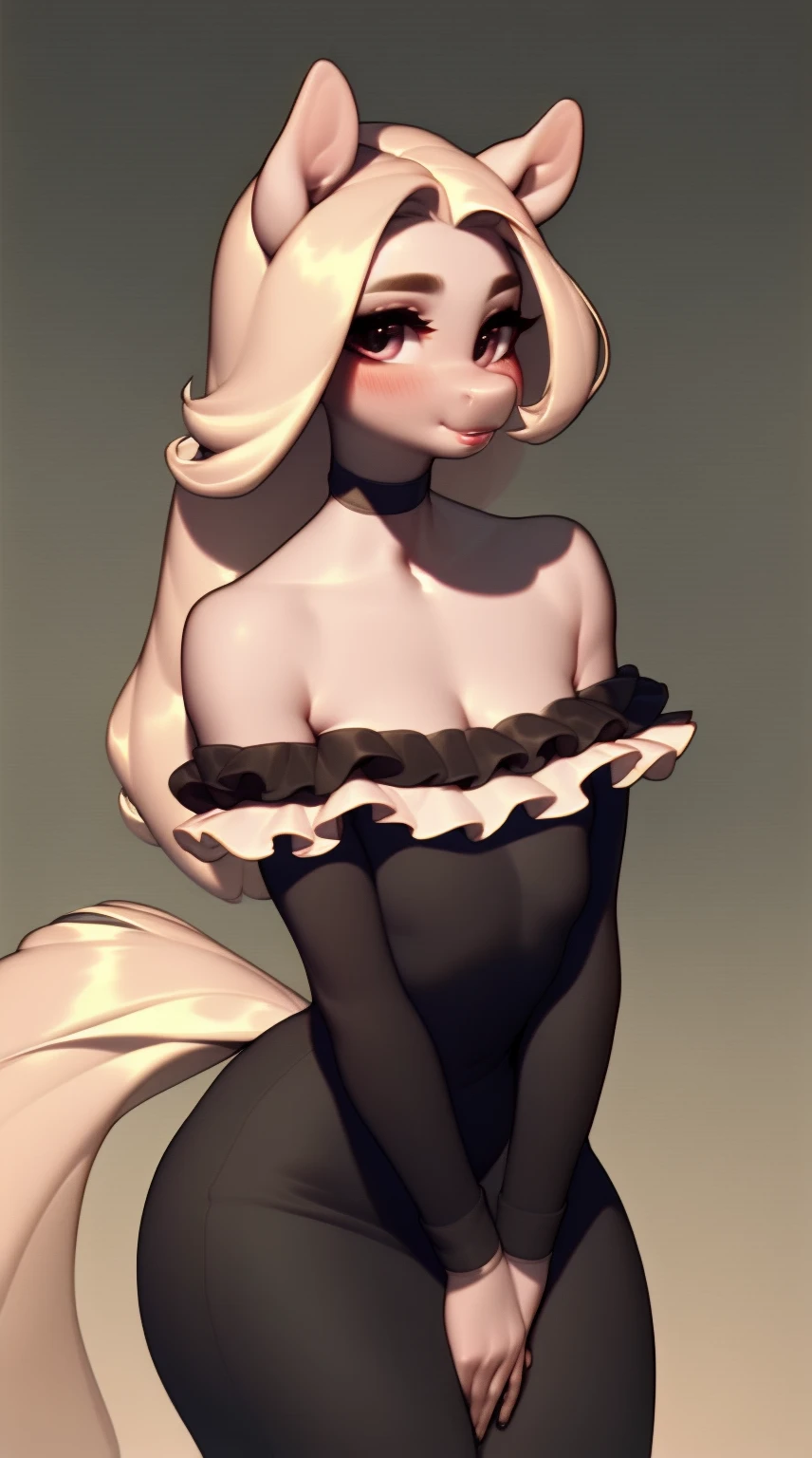 (score_9), (source_ derpibooru_p_95), (earth pony), ((anthro oc pony:1.1)), (shoulderless ruffled dress), shy, blushing, solo, realistic long hair, anatomically correct, flat chest, curvy figure, high res, bottom lip, extremely detailed, ager, absolutely stunning, gorgeous,