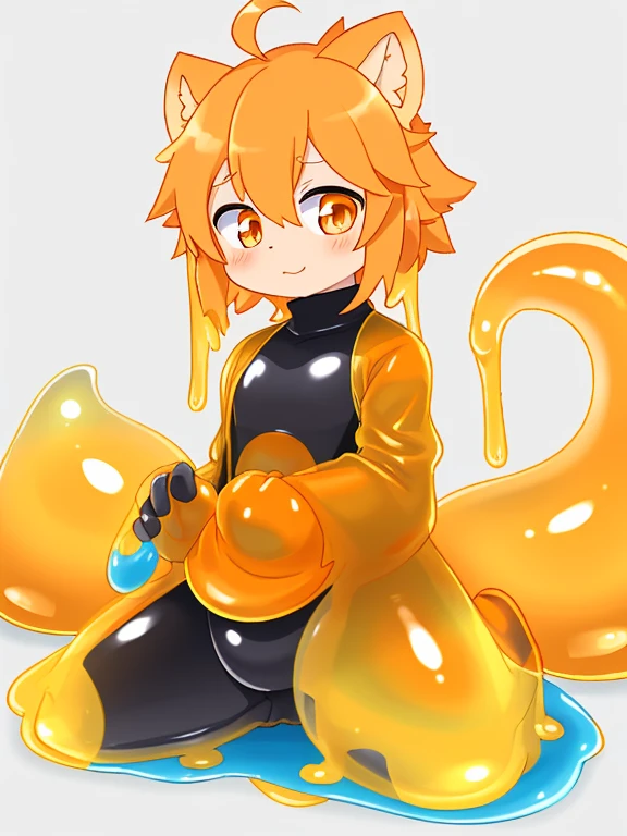 A male light orange cub,被slime覆盖,slime,light orange cuollars,被slime覆盖,fall((充满银色slime)),kneeling,防护服