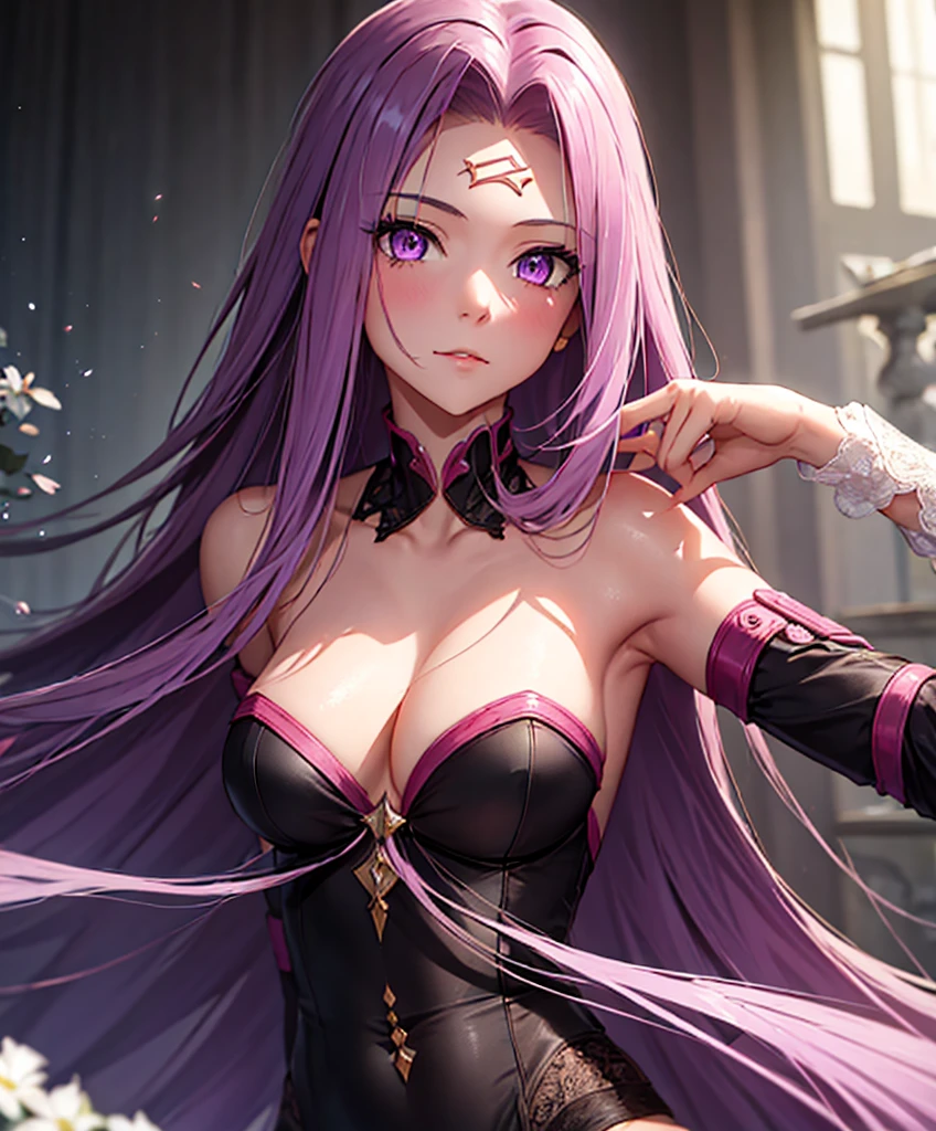 1girl, Best quality,Masterpiece,high resolution,Only,{short wedding dress:1.40}{tie:1.20},handsome,{Medusa_FGO:1.15},long_hair,purple_hair,very_long_hair,purple_eyes,blush_face,breasts,Big_breasts