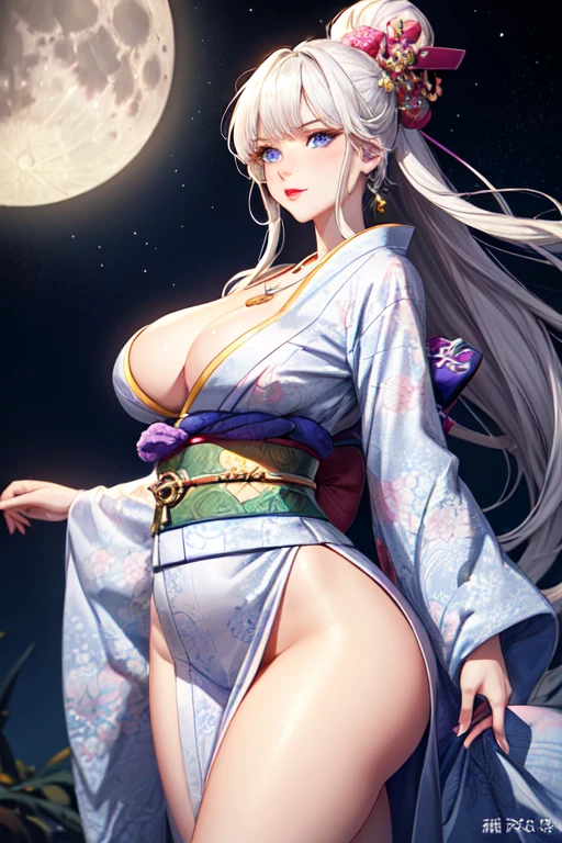 thin white character captivating appearance, whose presence is marked by a unique combination of elegance and mystery, platinum hair, blue eyes, pink lips, large breasts, wide waist, wide hips and a large ass, wearing a lush kimono, adorned with patterns that evoke the beauty of the moon and wears a lunar pendant that glows with a subtle light