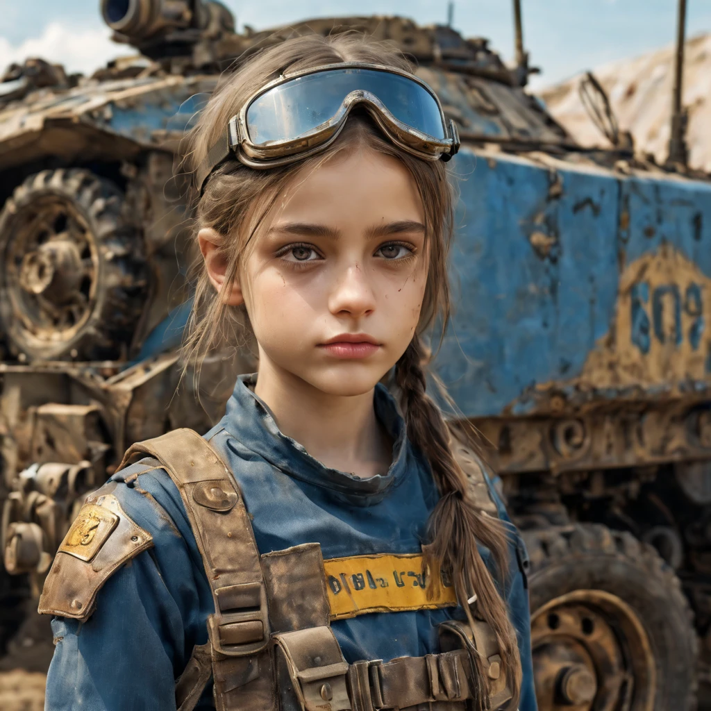 3 girls,  perfect likeness of Dasha Teran SDXL wearing blue and gold vaultgirl. Goggles on one girl, clothing torn, girls clothes and faces are dirty from battle. All girls petite and slim, small girls, short girls, fine detailed eyes, weapons slung over shoulders, leaning against a war vehicle, dented and rusty. , professionally color graded, professional photography, well drawn, masterpiece, hyper realistic, ultra detailed, high quality, best quality, 4k, 8k, hi resolution, very young girl, young face, cute, beautiful, ((NSFW、realistic)), 