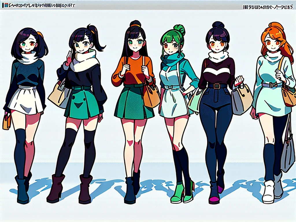 (((Best Quality))) , ((full body)), 4 lady, multiple views, white background, variety of hairstyles, variety of fashion styles, seductive pose, fashionable and trendy atmosphere, holding bag, winter clothes, walk pose, dark blue/dark orange/dark green/dark violet/brown/white,