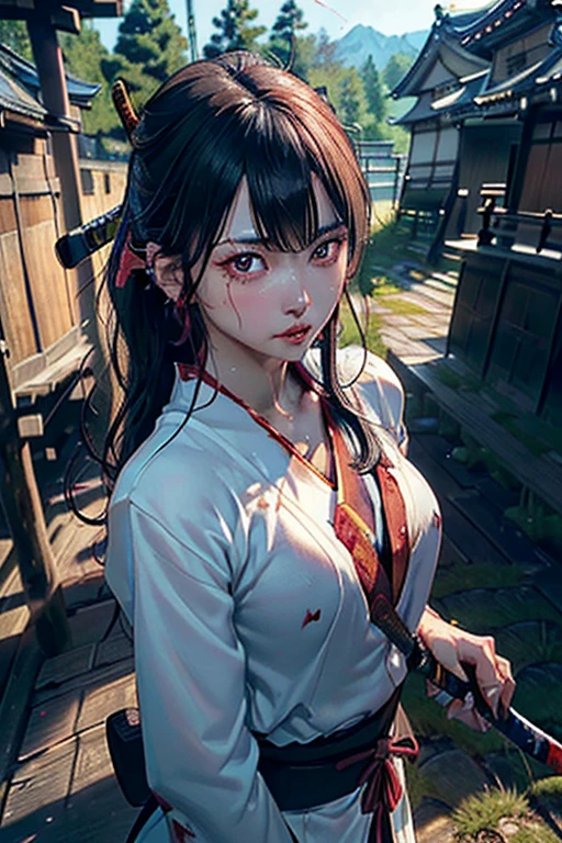 Extremely detailed CG unity 8K wallpaper, top quality, masterpiece, (raw photo, photorealistic:1.2), highest resolution, cinematic lighting, professional photo, sharp focus, depth of field, (perfect body, correct anatomy:1.5), (from front:1.4), POV, ((medieval era in Japan:1.3)), 1 girl, Japanese lady, about 30 years old, solo, cowboy shot, black hair, very long hair, ultra-realistic skin texture, highly detailed skin, (sweat:1.1), oil, (dark and bright eyes:1.3), ((tears:1.1)), highly detailed nose and lips, ((agony:1.2)), (((junihitoe:1.5))), ((1 katana had pierced the lady’s body, stabbed with a katana:1.5)), ((bloodstains, bleeding, active bleeding:1.4)), ((perfect body proportion:1.1)), (((outdoor, noon, countryside:1.3)))