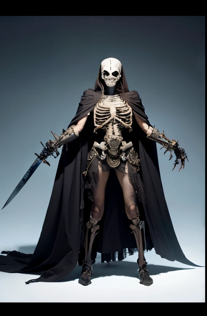 Three views for modeling,This monster graphic shows a body made entirely of skeletons,Wrapped in an ancient and tattered shawl。The right hand holds a rusty iron sword,The blade shows the traces of time。The skeleton monster's eyes reveal empty darkness,As if guarding a silent period in endless time。The overall image gives people a stale、A sense of mystery and intimidation。
