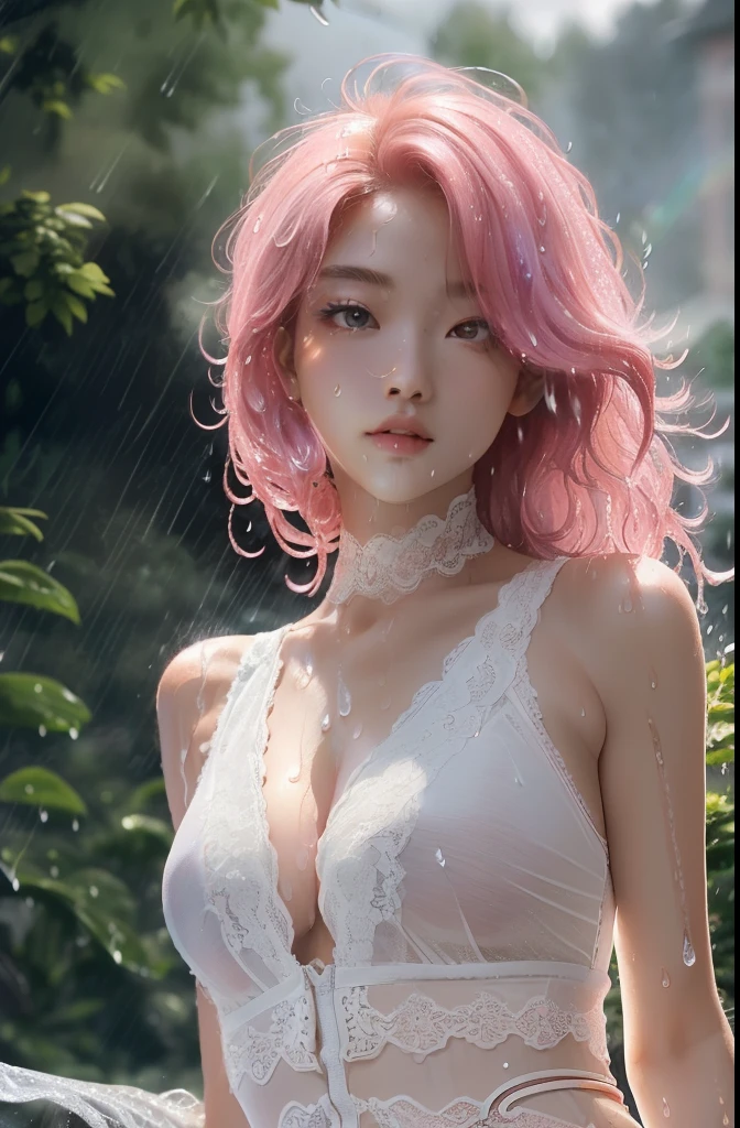 ((masterpiece:1.2, best quality)), super detailed, Super accurate depiction, super detailed的描绘,extremely delicate and beautiful, Astonishing, fine details, masterpiece, Ultra-detailed, high resolution, (actual, Photo actual: 1.3), (dynamic poses),(Best Illustration)， (Natural landscape,Baiyun, rainbow，rain, wet background:1.5), wavy long hair, pink hair, 1 Lace Girl,Wearing sexy high-waisted underwear with slits，Sexy lace high-cut underwear，High-cut lace one-piece, colorful, portrait, (from the front:1.2)