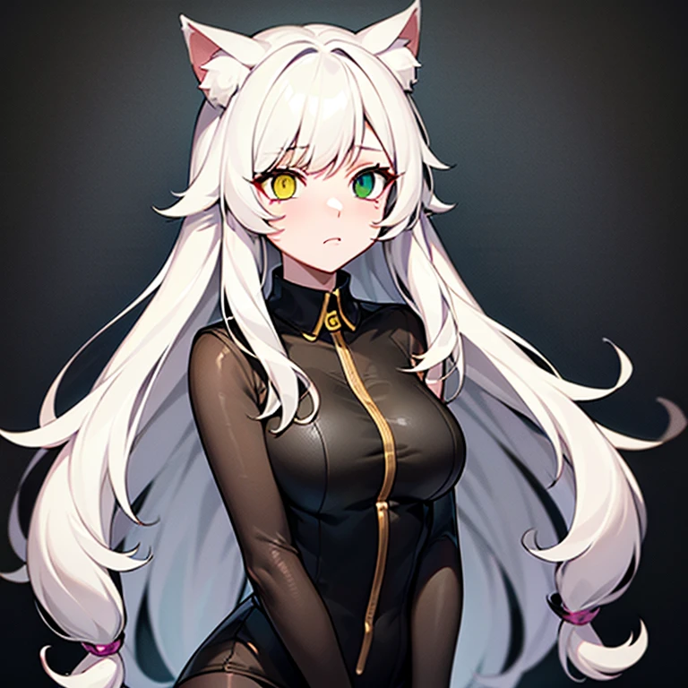 (1catgirl), catgirl cosplay outfit, heterochromatic, different eye colors, ((green right eye, yellow left eye)), (long eyelashes), hypnotized, (white hair), dark gray background, innocent adult catgirl