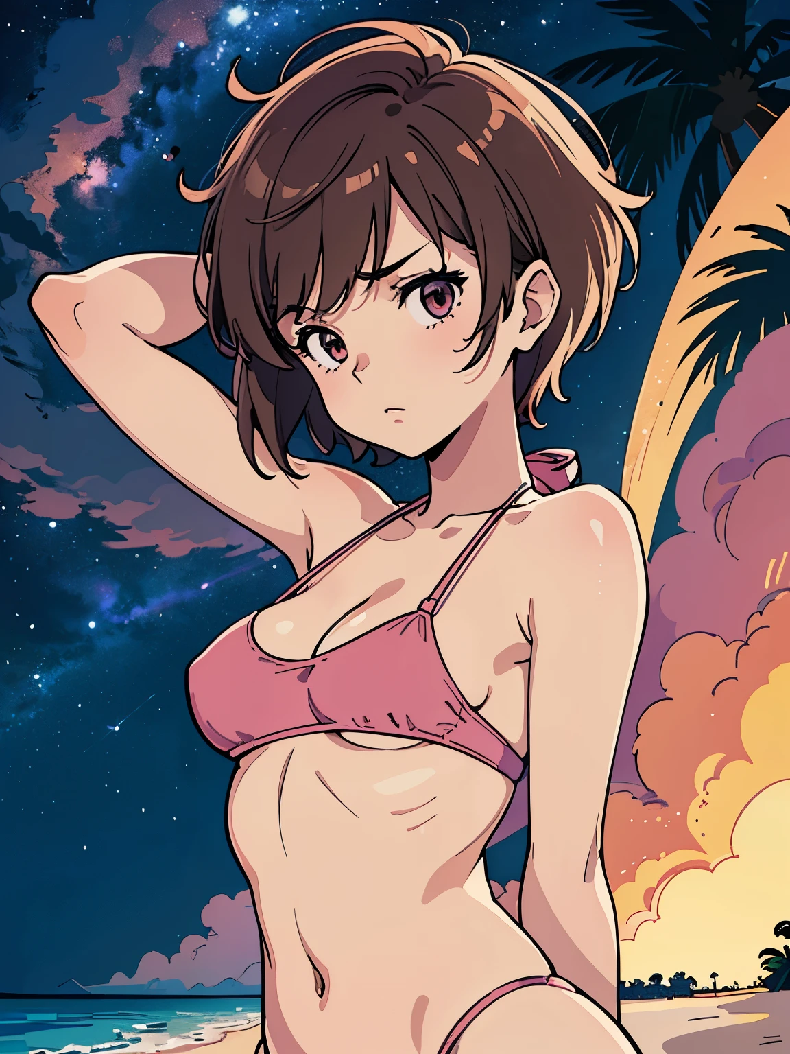 masterpiece, best quality, ultra detailed, 1girl, solo, flat color, cel shading, solid outline, tomboy, ultra detailed face, rim lighting, upper body, light brown pixie cut hair, (medium breasts:1.5), under breasts, wearing pink bikini, palm trees, tropical beach at night with a view of the galaxy, wind is blowing hard