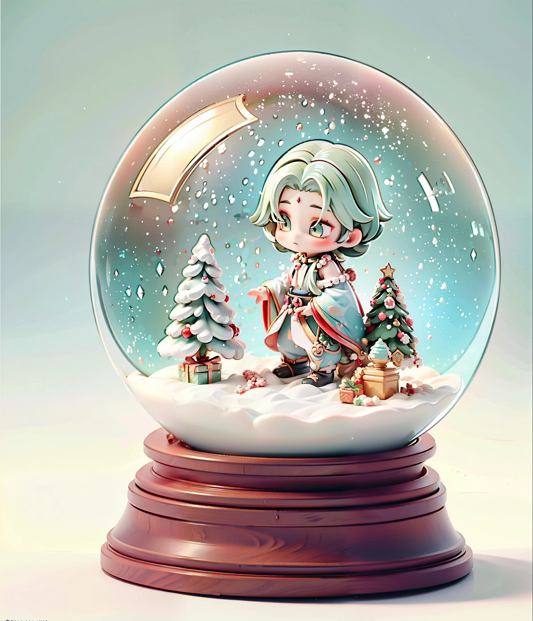 (boy trapped in crystal ball),alone, fantasy art style,Gurwitz style artwork, Dark green hair，best quality at best, Round glass cover, Very round crystal ball, best quality,masterpiece,ultra high resolution,(masterpiece),best quality, 1 boy在水晶球里面, expressive eyes, is a perfect face, full body lesbian, sitting,(Yuki, buliding, Christmas, Christmas tree),1 boy,,English text,Yukiing，