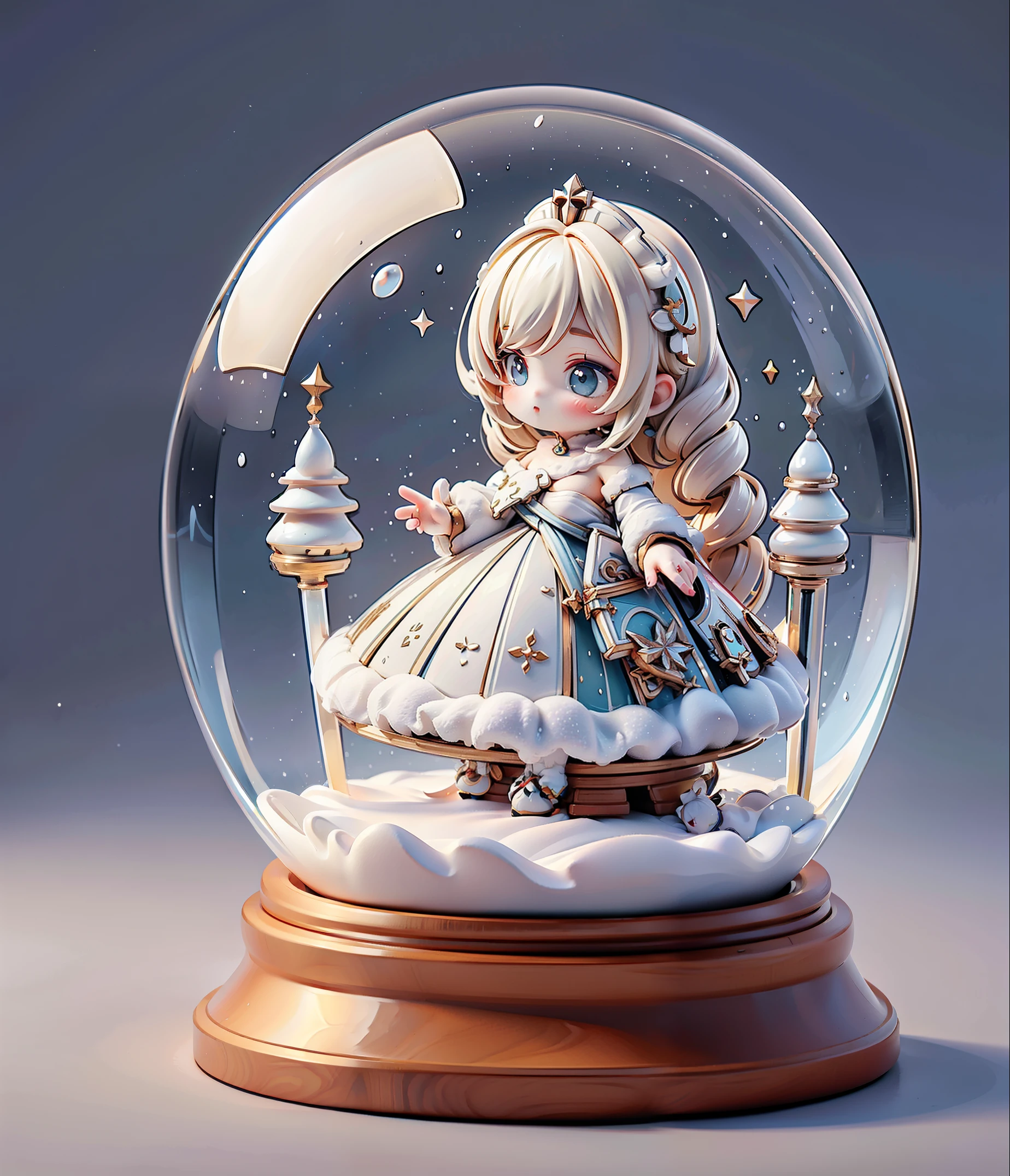 (Girl trapped in a round crystal ball),alone, fantasy art style,Gurwitz style artwork, Round glass cover, Very round crystal ball,  There is cleavage, Latin cross, blonde hair, long white hair, double tail, double diamond, blue eyes, white dress, frill skirt, Split sleeves, dress cross,white pantyhose, best quality,masterpiece,ultra high resolution, (masterpiece),best quality, 1 busty girl在水晶球里面, 富There is cleavage表现力的眼睛, is a perfect face, full body lesbian, sitting,(Yuki, buliding, Christmas, Christmas tree),1 busty girl,,English text,Yukiing