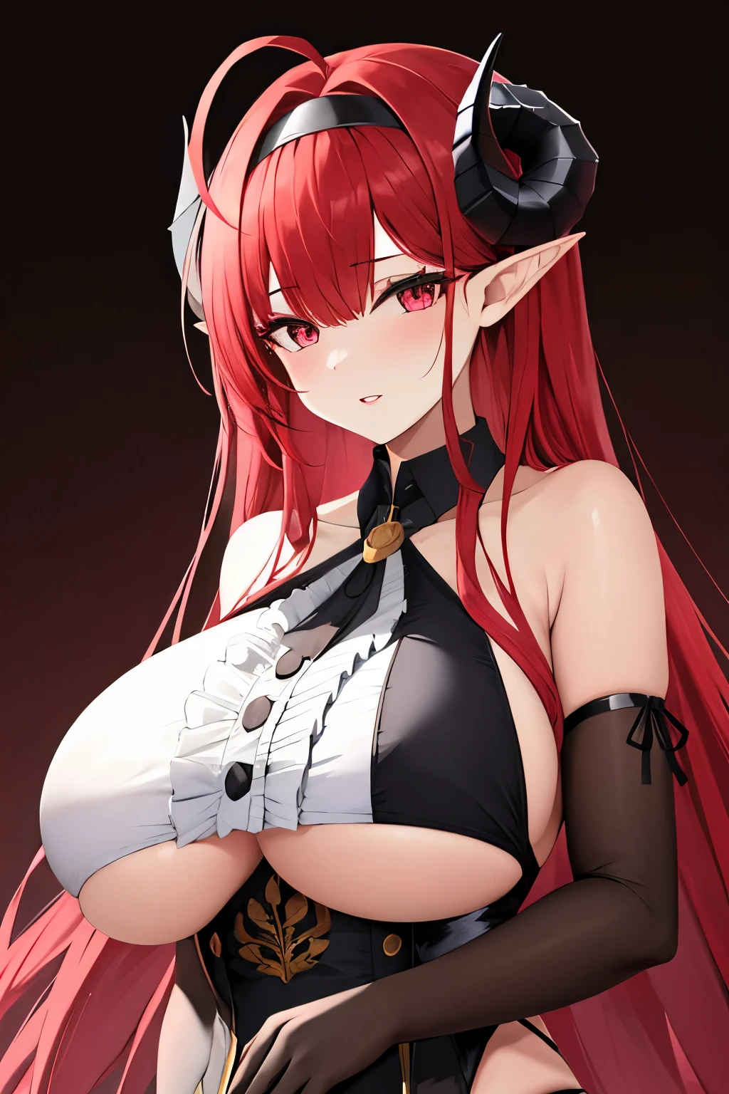 1girl, pointy ears, horns, solo, red hair, long hair, red eyes, bare shoulders, looking at viewer, huge breasts, gloves, elbow gloves, ahoge, hairband, black gloves, underboob, upper body, demon girl, hair intakes, very long hair, frills, slit pupils, parted lips,(shiny skin),(mature female:1.2),hindenburg \(azur lane\),