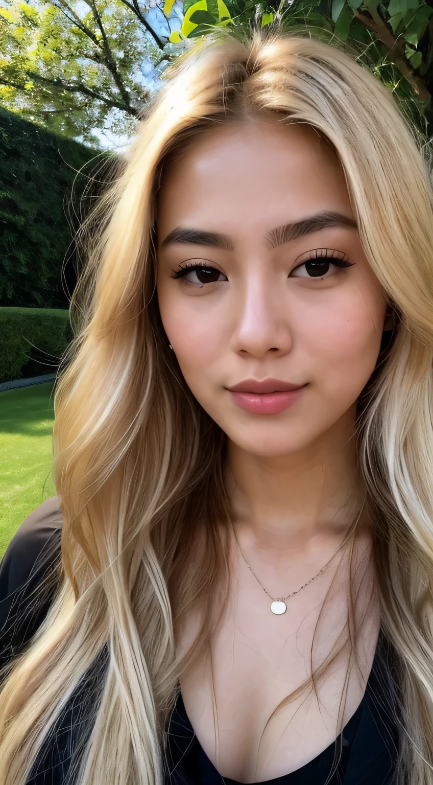 A 23-year-old blonde Asian woman, ((pechos grandes)), ((hiperrealismo)) ,. blonde hair with light brown roots. cabello rubio, Hair with brown roots, cabello extra largo, cabello muy largo, really long hair, Beautiful, Front view, selfie, photo taken with iPhone, elegant black shirt with escote, escotada, selfie in the garden, high quality, selfie iPhone, cleavage