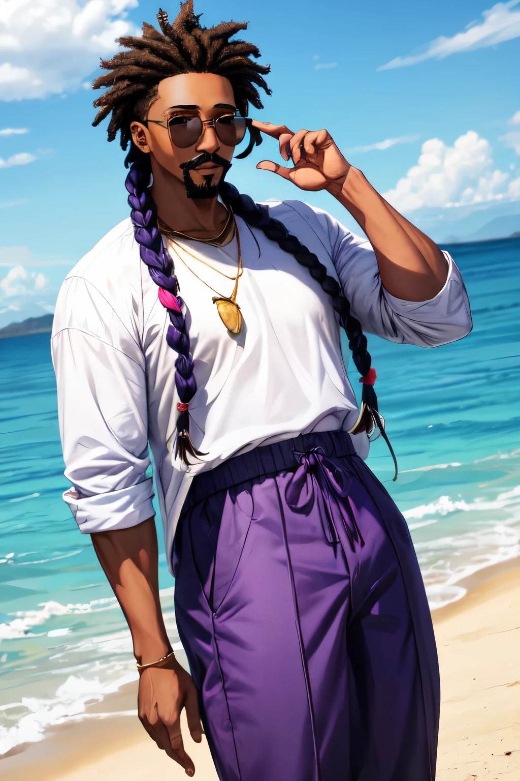 tall black man wearing loose big purple braids, wearing military pants and a colorful open beach shirt, has a dark mustache and goatee wearing classic sunglasses 