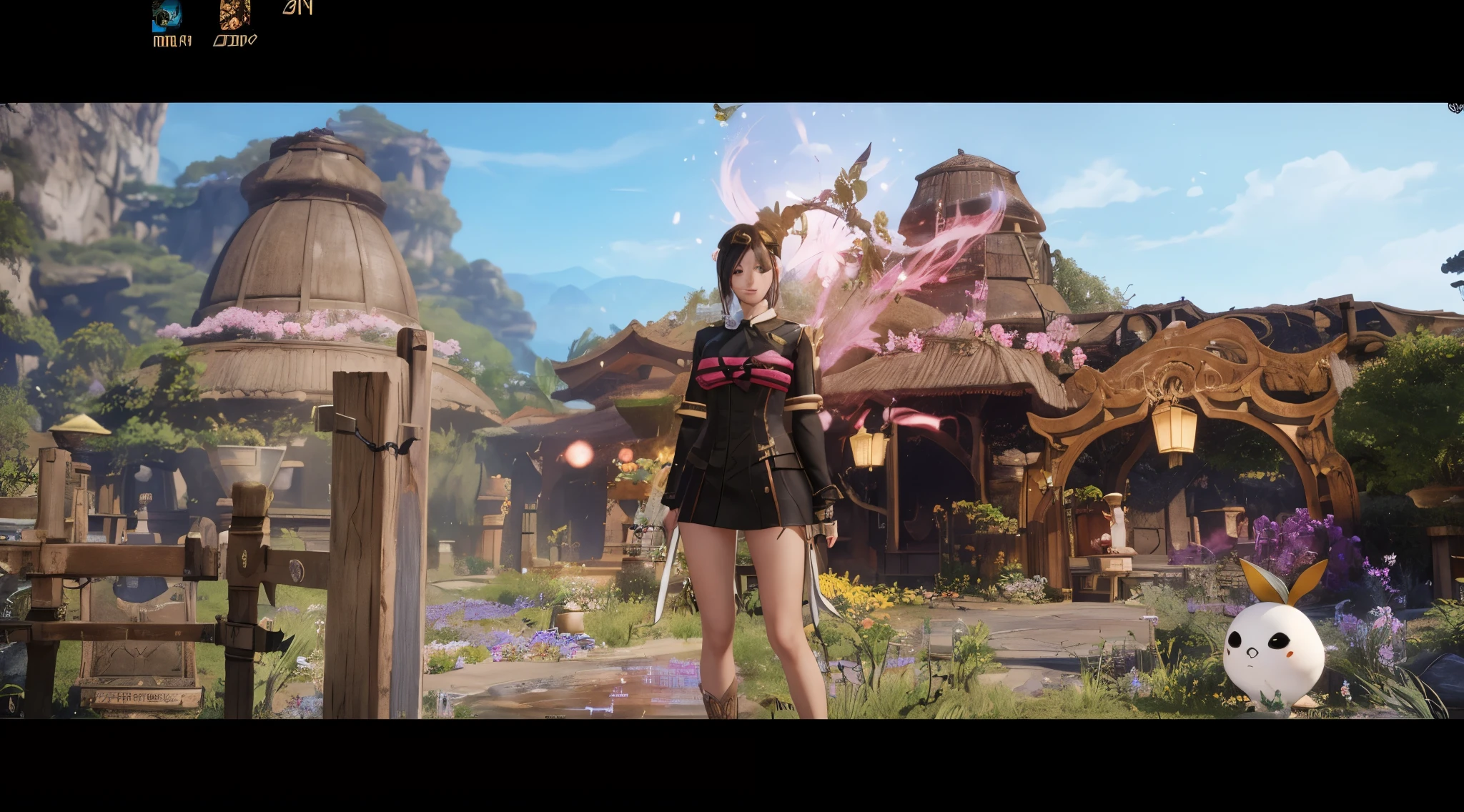 there is a woman standing in a garden with a wand, game cg, 2020 video game screenshot, video game screenshot>, beautiful screenshot, blade and soul, <mmorpgs scene, jrpg fashion, fashion gameplay screenshot, new character, lost ark style, style game square enix, gameplay screenshot with ui, 8 k character details