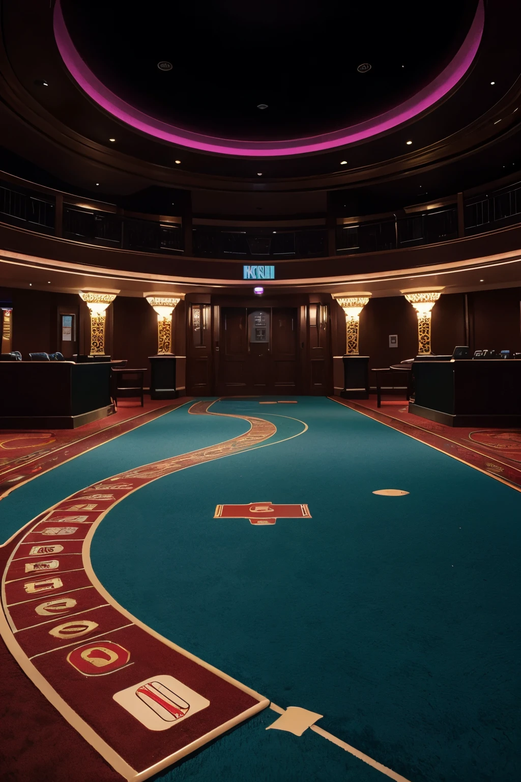 Show a glowing gateway opening onto a vibrant casino floor, dice rolling, cards flipping, and a clear path lined with guidebooks and maps.