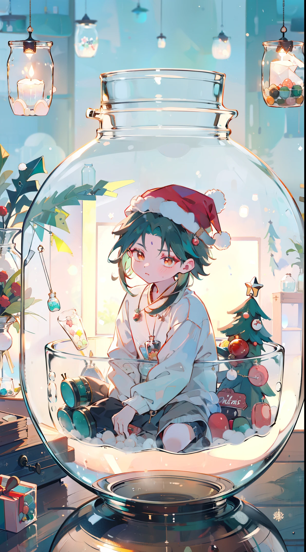 （（（（（（inside jar））））））、a boy with、((((Packed in jars))))、Lovely、small, Christmas atmosphere,, Santa hat, Candy and Snacks, Gift,piece, Dark green hair,