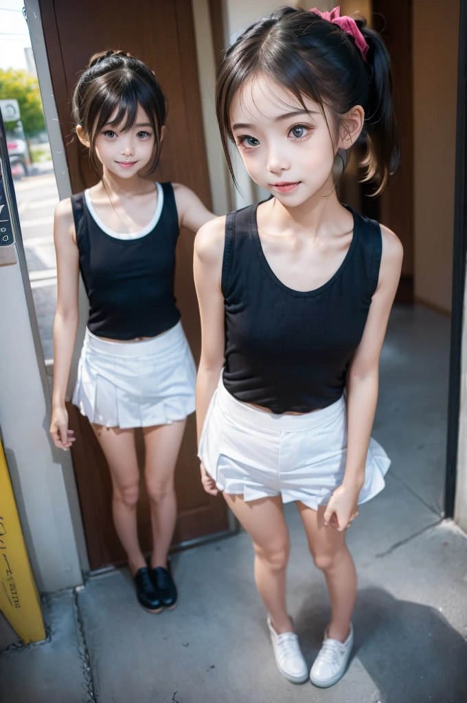 (((highest quality)), (1 girl), (perfect anatomy), embarrassed expression, pretty girl, (Untidy hair、ponytail), face to face,Tank top、pleated skirt、cute pose