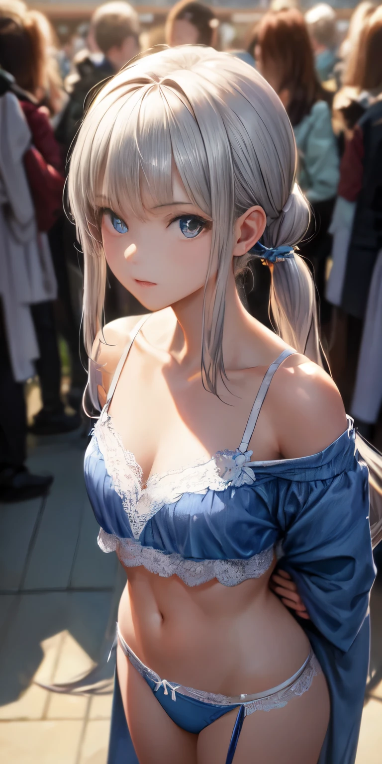masterpiece, highest quality, Super detailed, detailed beautiful face,(1 girl),beautiful and detailed eyes, looking at the viewer, close, (focus on the chest), (turn your arms behind your back:1.2), (From above:1.1), long silver twintail hair, Clear skin, (off shoulder:1.1), underwear,(light blue detailed lace lingerie)、break,((Racecourse)),ideal style,japan cup,Deep impact in the background,thoroughbred