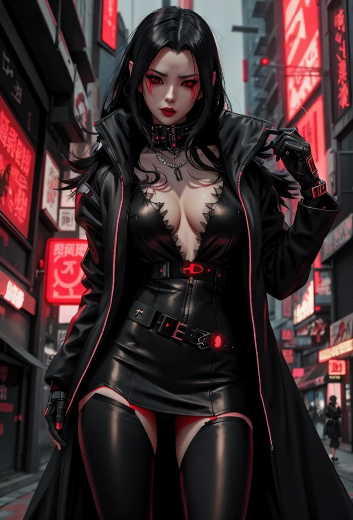 a woman in a black and red outfit standing on a city street, female cyberpunk anime girl, cyberpunk anime girl, anime cyberpunk art, cyberpunk anime girl in hoodie, badass anime 8 k, cyberpunk anime art, digital cyberpunk anime art, gothic city streets behind her, digital cyberpunk - anime art, cyberpunk femme fatale, by Yang J, gothic - cyberpunk