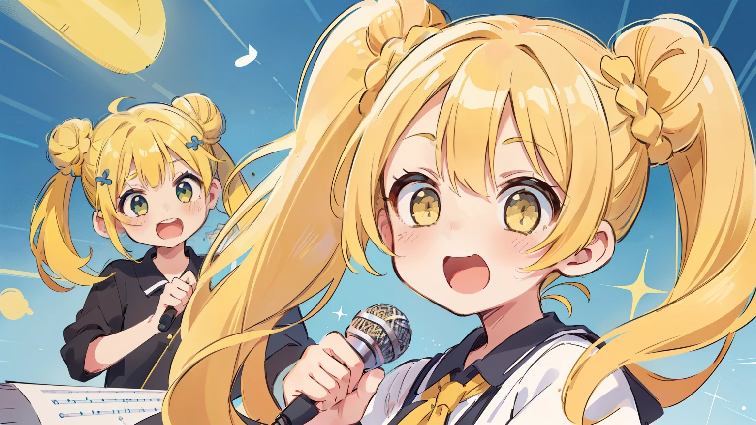 disorganized, High resolution, (anime style etc.:1.1), ((muste piece)), ((best quality)), (Super detailed), (Beautiful),pretty face、(lift up),pretty girl、(((twin tails、bun hair、yellow hair、)))(((((singing)))))((microphone、))((((sticking his hand out in front of him))))((((((1 girl))))))