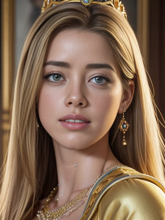 ((retrato, de cerca)),(Mejor calidad,4k,8k,high resolution,obra maestra:1.2),ultra detallado,(Realista,photoRealista,photo-Realista:1.37),(1 chica),(28years),(((AMBER HEARD:1.2))),(((excella_er5:1.2))),(Sharp focus:1.5),piel de perla,(poros de la piel:1.1),extremely detailed face and textura de la piel,(textura de la piel:1.1),pelo RUBIO,cuerpo alto y esbelto,(192 cm de altura),figura delgada y delicada,Postura elegante,Strong, defined muscles,Piel perfecta,abdominales definidos,curvas perfectas,apariencia femenina,Hermosas piernas largas,encarnando elegancia y belleza,pechos de escote,((Vistiendo un (DORADO) VESTIDO DE PRINCESA)),(VESTIDO LARGO DE PRINCESA), (VESTIDO ELEGANTE),Colores vibrantes,extremely detailed and Realista clothes,(vistoso),(film grain:1.3),retrato,hermosos ojos detallados,hermosos labios detallados,corona con joyas,elegante collar con diamantes,cabello rizado que fluye,royal vestido with intricate patterns,peaceful expression,Soft lighting,colores sutiles,PALACIO REAL de fondo,ELEGANTE TRONO,SCORTS,suave brisa.