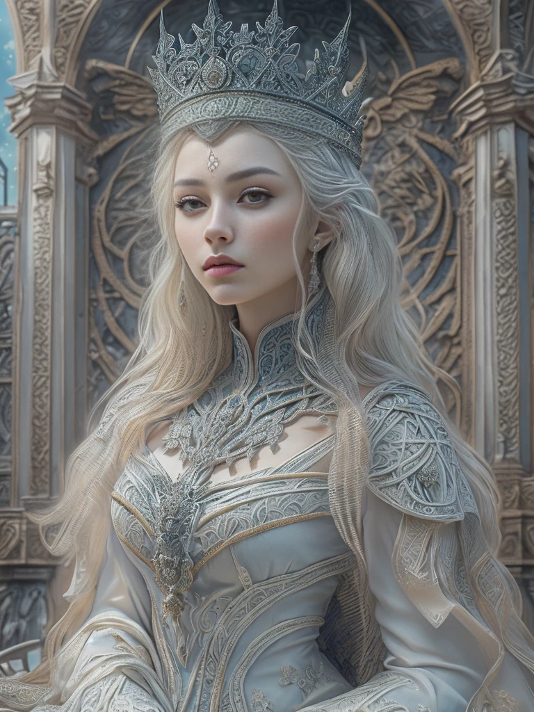 high details, best quality, 8 thousand, [ultra detail], masterpiece, best quality, (very detailed), Ultra Wide Shot, realistic, Photo of the Empress in a white dress (intricate details, masterpiece, best quality: 1.5), Holding the [hall] (intricate details, masterpiece, best quality: 1.5), He wears a crown with 12 stars (intricate details, masterpiece, best quality: 1.5), sitting on the throne, sitting monarch (intricate details, masterpiece, best quality: 1.5), black hair, long hair, flowing hair, Intense eyes, dynamic lighting, In front of you, [[12 stars in the background]], best quality, mackerel, ultra-wide angle