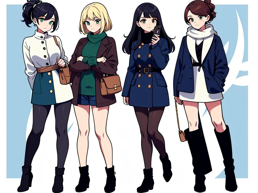 (((Best Quality))) , ((full body)), 4 lady, multiple views, white background, variety of hairstyles, variety of fashion styles, seductive pose, fashionable and trendy atmosphere, holding bag, winter clothes, walk pose, holding smart phone, looking outside, dark blue/dark orange/dark green/dark violet/brown/white,