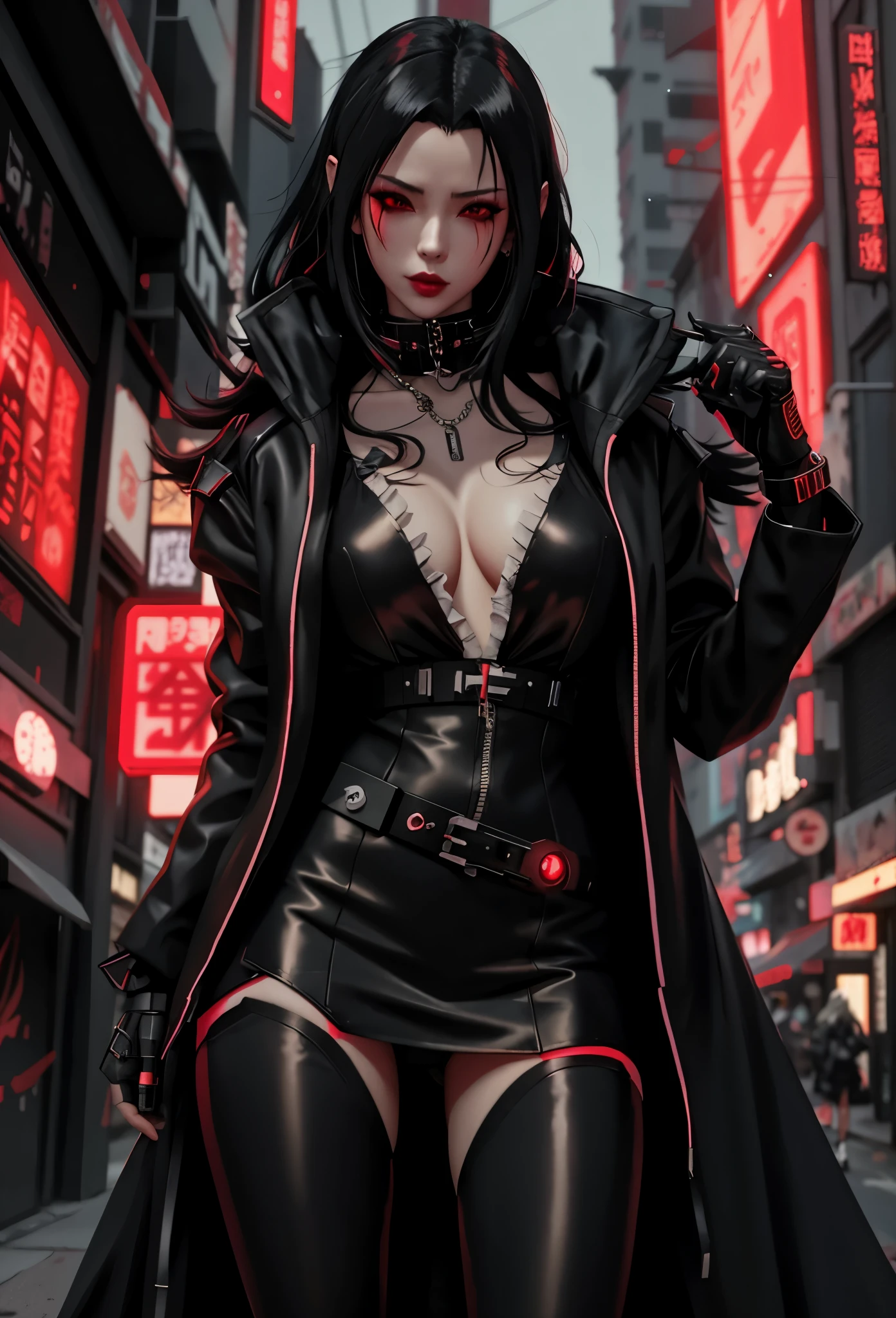a woman in a black and red outfit standing on a city street, female cyberpunk anime girl, cyberpunk anime girl, anime cyberpunk art, cyberpunk anime girl in hoodie, badass anime 8 k, cyberpunk anime art, digital cyberpunk anime art, gothic city streets behind her, digital cyberpunk - anime art, cyberpunk femme fatale, by Yang J, gothic - cyberpunk