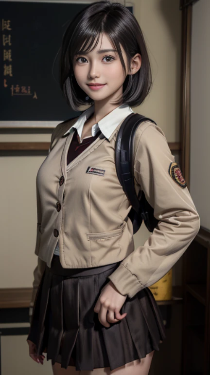 (((masterpiece))), (one beautiful japanese girl, Classmate, landscape and innocence,cute) ,Super high resolution, realistic, super detailed, 8K,highest quality, very detailed, detailed background,Slender,very beautiful japanese girl, detailed face:1.3), (boyish short hair,black haired :1.4), (,cute系,adorable 14 year operfect body:1.1), (brown blazer, light brown pleated mini skirt), best smile,Please show me your beautiful teeth,super detailed顔、detailed lips、detailed eye、small gravure idol,transparent skin、upon,Japanese high school uniform with the school emblem on the chest,carrying a backpack