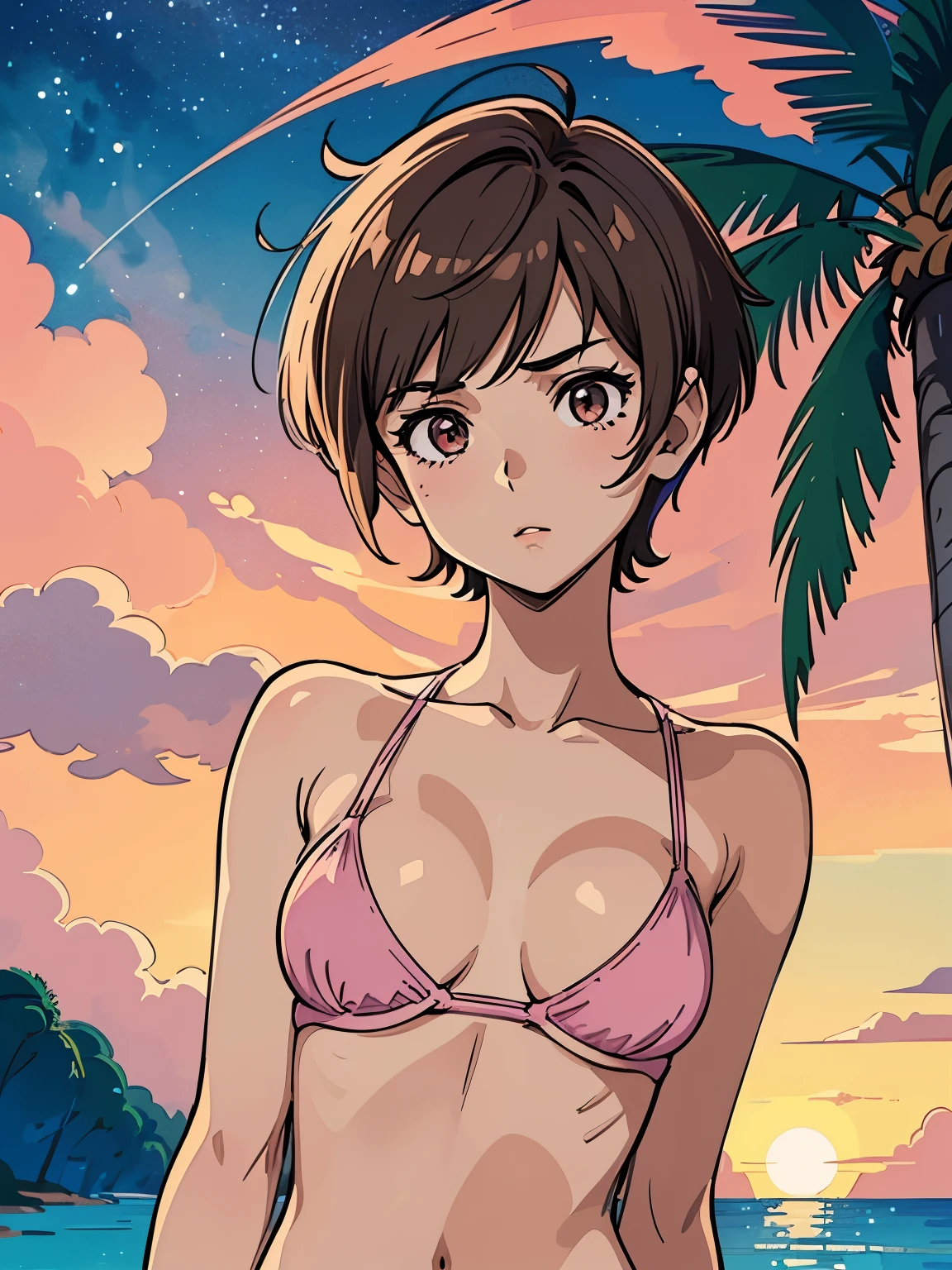masterpiece, best quality, ultra detailed, 1girl, solo, flat color, cel shading, solid outline, tomboy, ultra detailed face, rim lighting, upper body, light brown pixie cut hair, (medium breasts:1.5), under breasts, wearing pink bikini, palm trees, tropical beach at night with a view of the galaxy, wind is blowing hard
